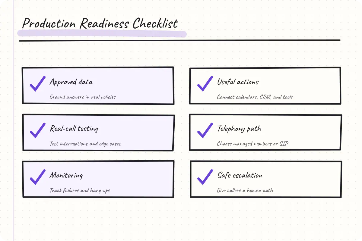 Checklist covering data readiness, action readiness, testing plan, telephony path, monitoring plan, and escalation path for a voice agent