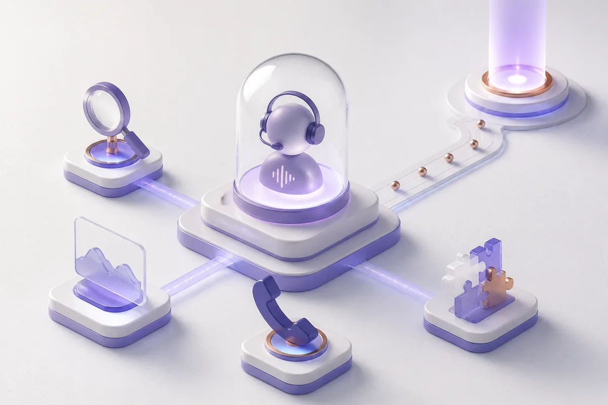 Isometric 3D editorial illustration for Voice Agent Builder: Choosing One Based on Real-Call Constraints, Not Feature Lists