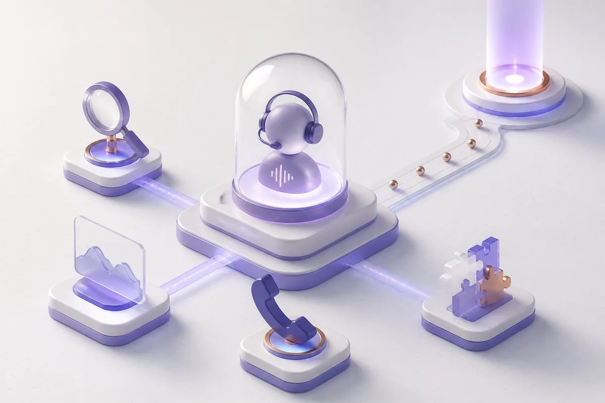 Isometric 3D editorial illustration for Voice Agent Builder: Choosing One Based on Real-Call Constraints, Not Feature Lists