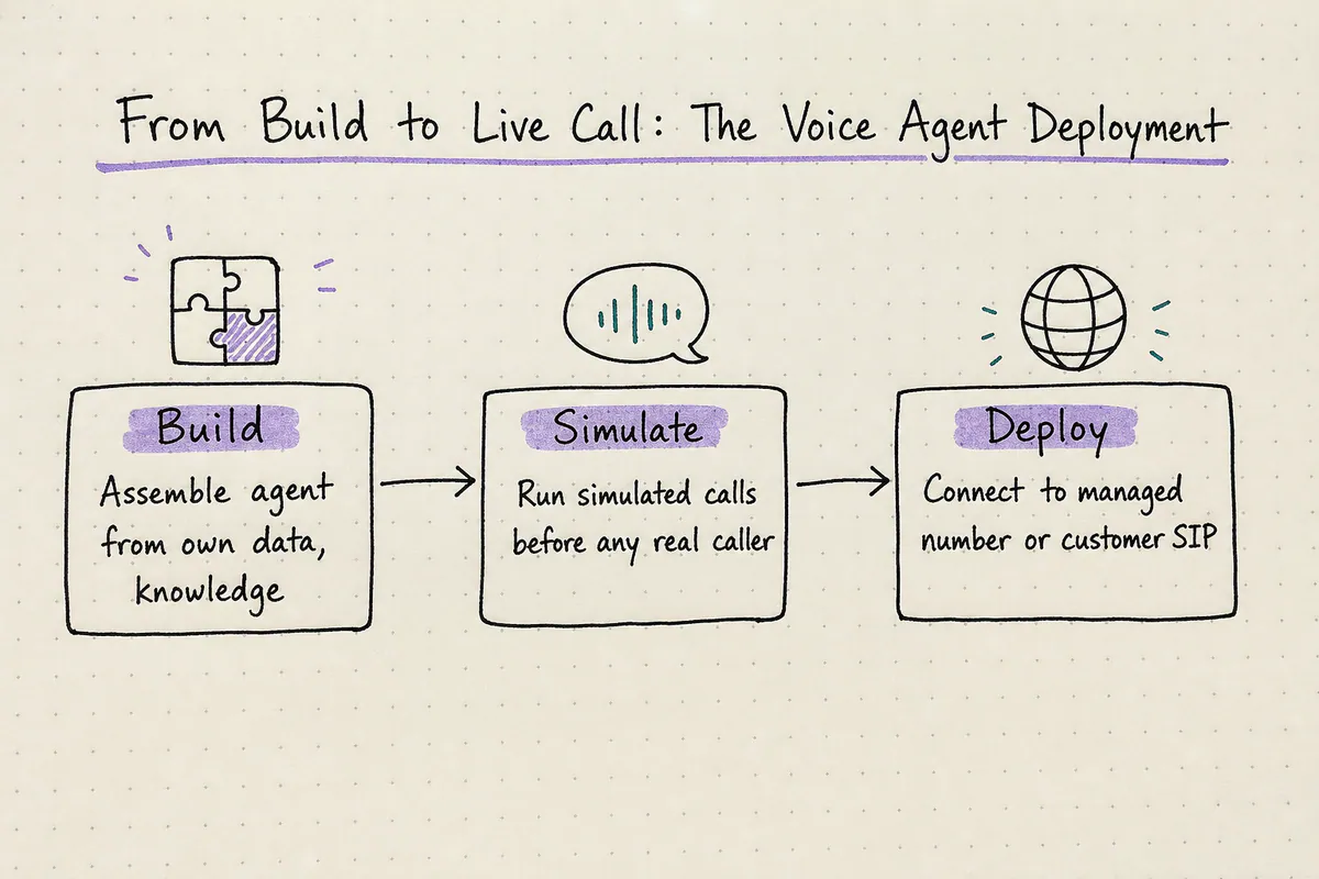 Flow diagram showing agent building, simulated-call testing, deployment, and post-deployment monitoring