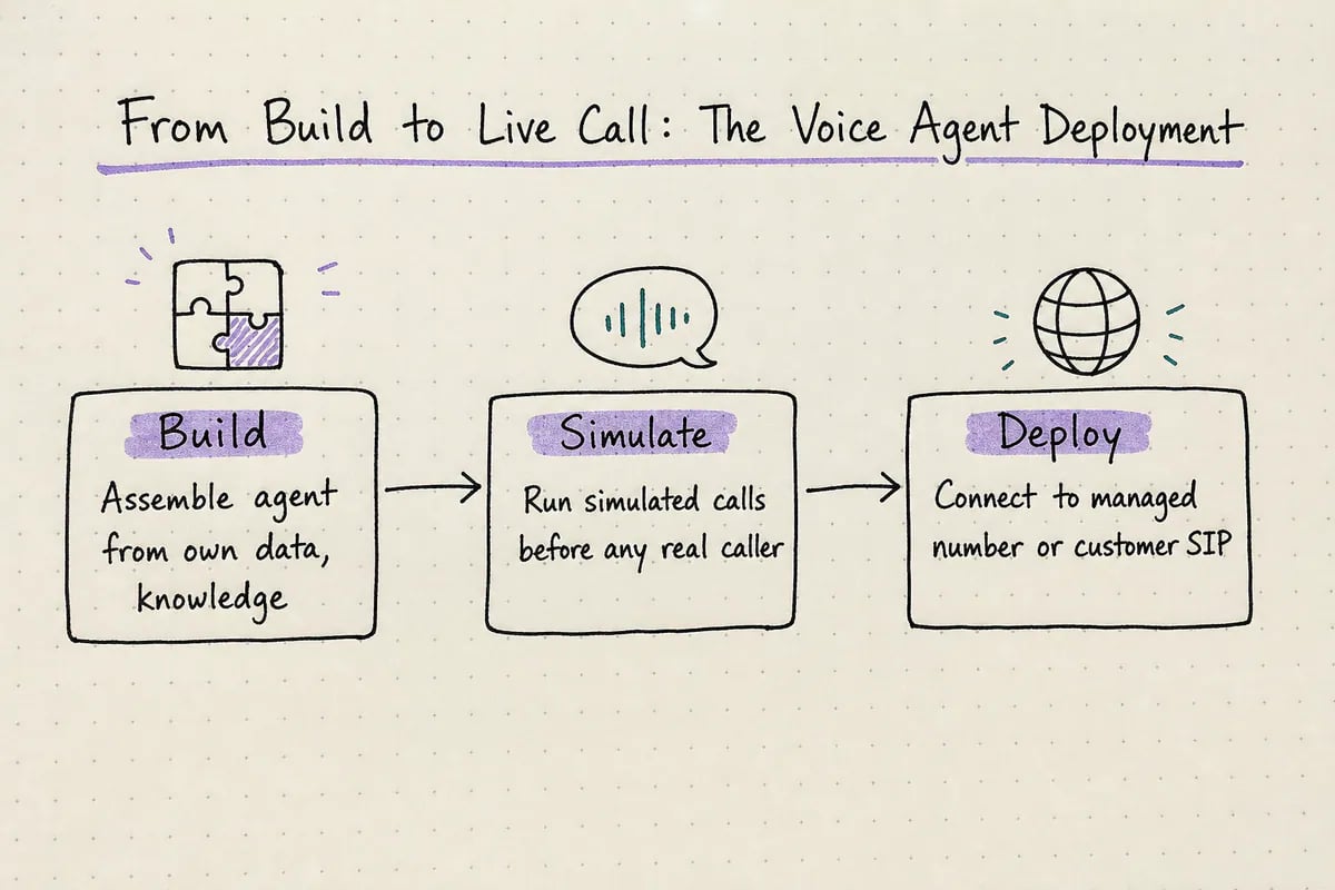 Flow diagram showing agent building, simulated-call testing, deployment, and post-deployment monitoring