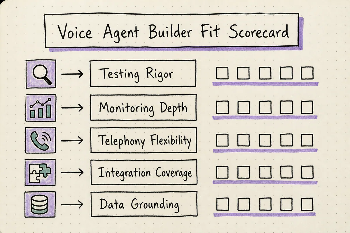 Checklist scorecard for scoring a voice agent builder across five evaluation dimensions