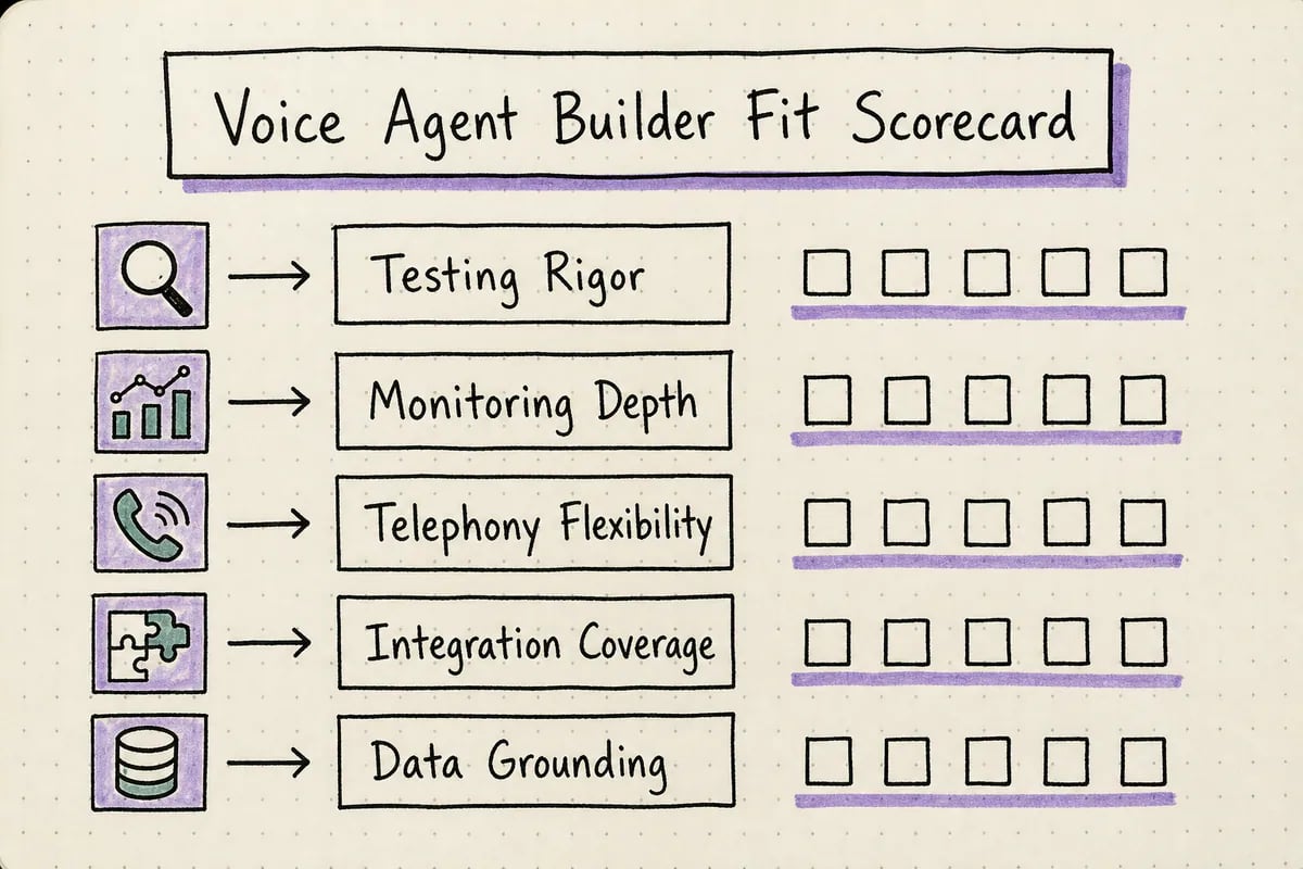 Checklist scorecard for scoring a voice agent builder across five evaluation dimensions