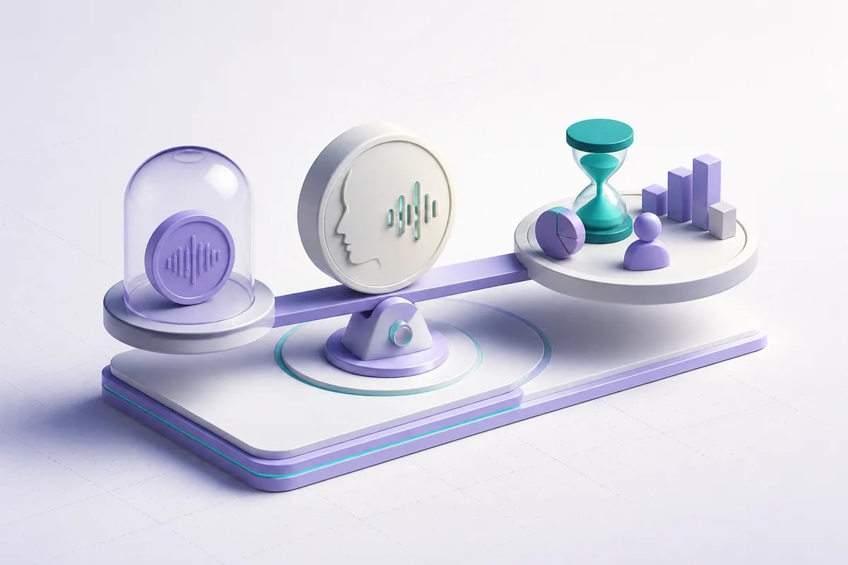 Isometric 3D editorial illustration for Voice agent pricing: what to actually measure before you commit