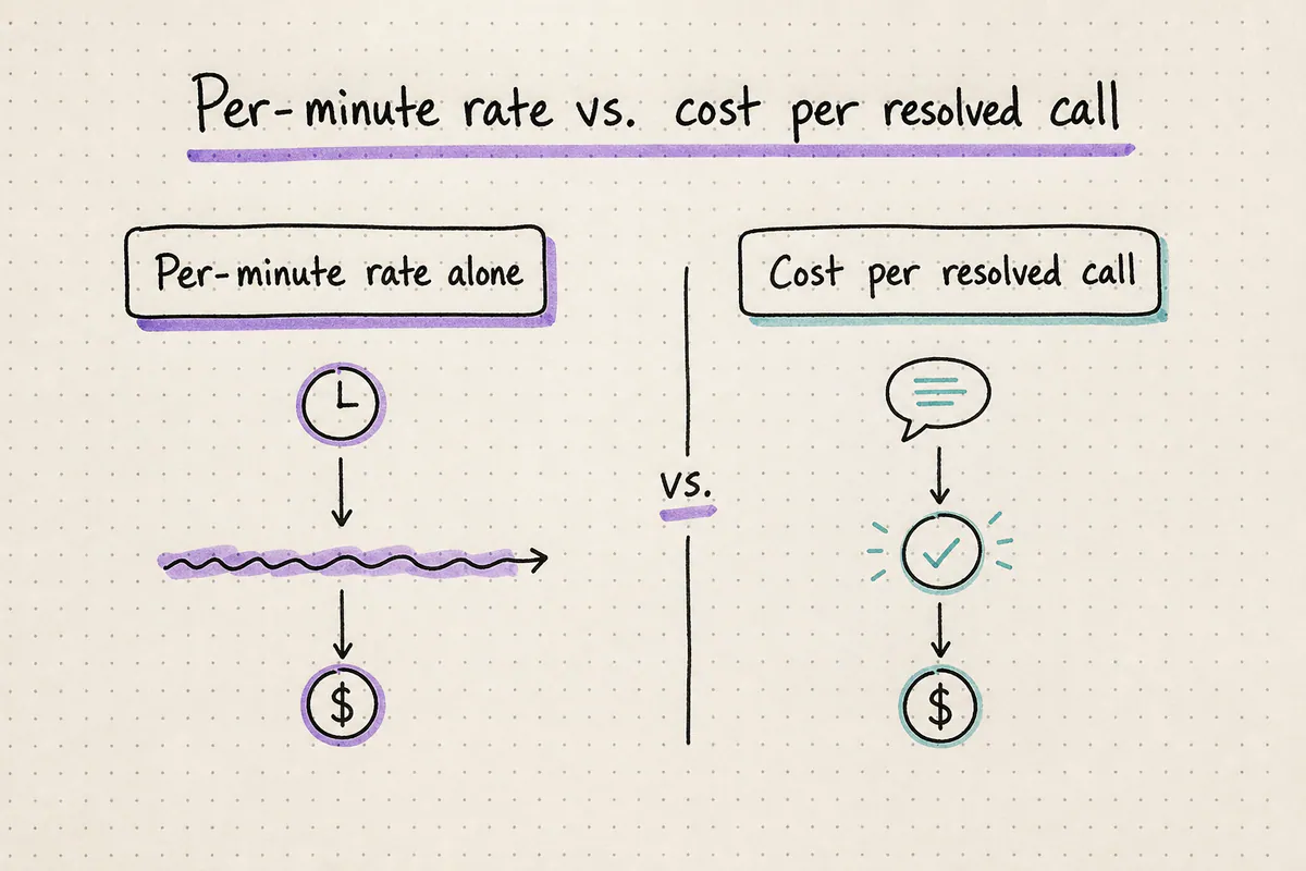 Comparison of two pricing models showing how per-minute rate excludes retries and transfers while cost per resolved call includes them