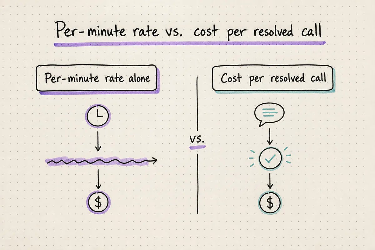 Comparison of two pricing models showing how per-minute rate excludes retries and transfers while cost per resolved call includes them