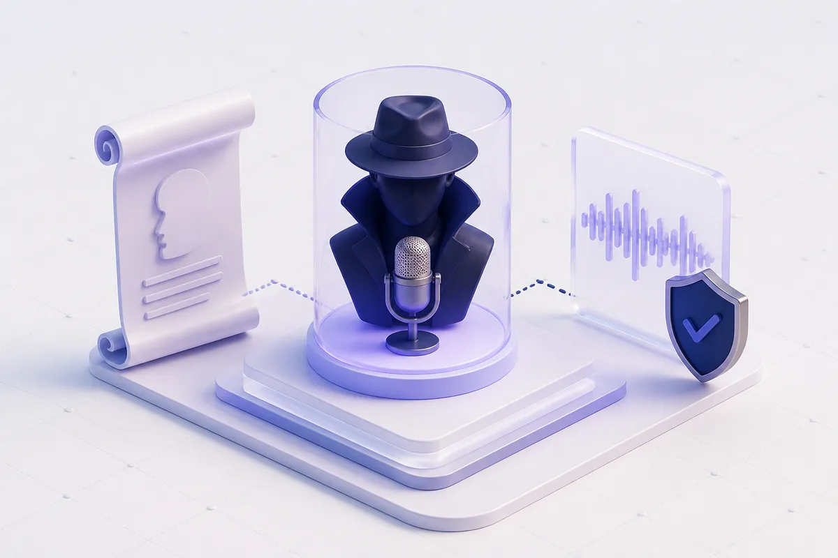 Isometric 3D editorial illustration for Agent Washington voice actor: what a fictional character teaches about production voice AI