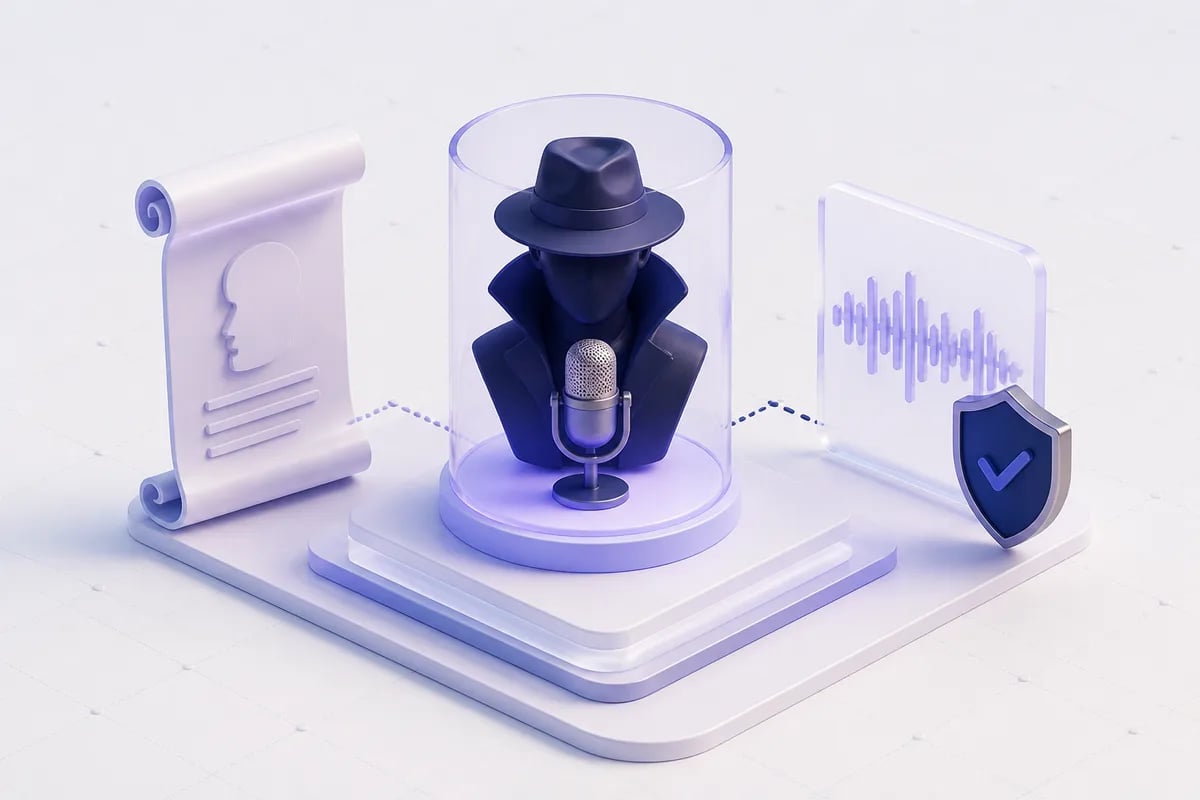 Isometric 3D editorial illustration for Agent Washington voice actor: what a fictional character teaches about production voice AI