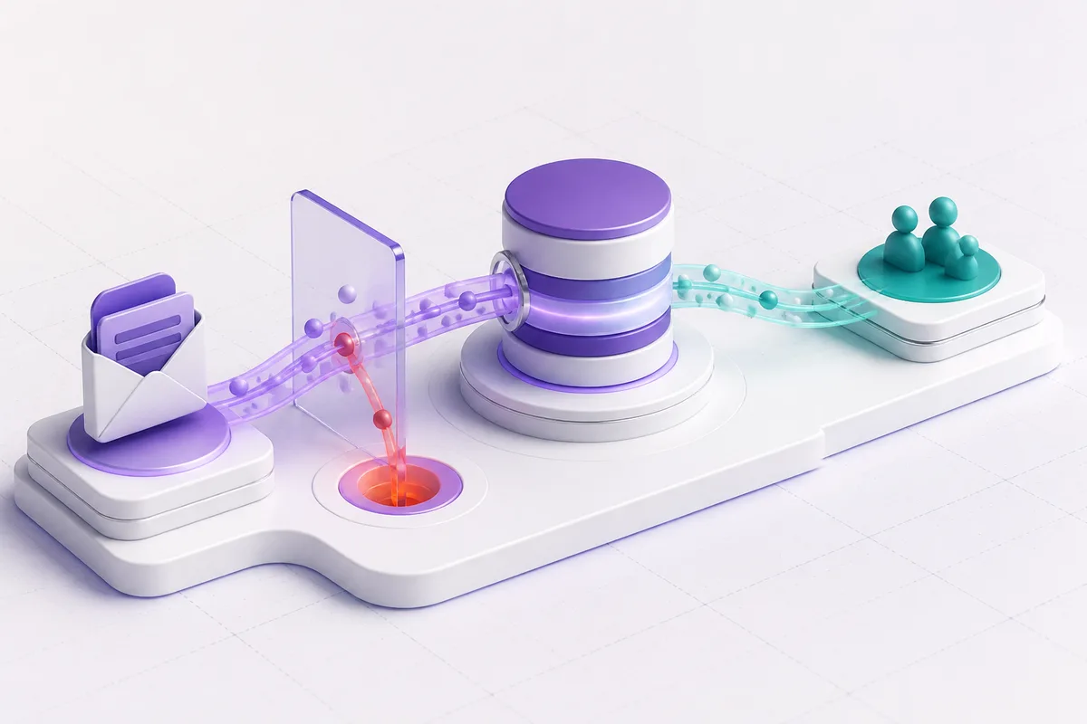 Isometric 3D editorial illustration for Email marketing integrations: data flow, failure handling, and system-of-record implications