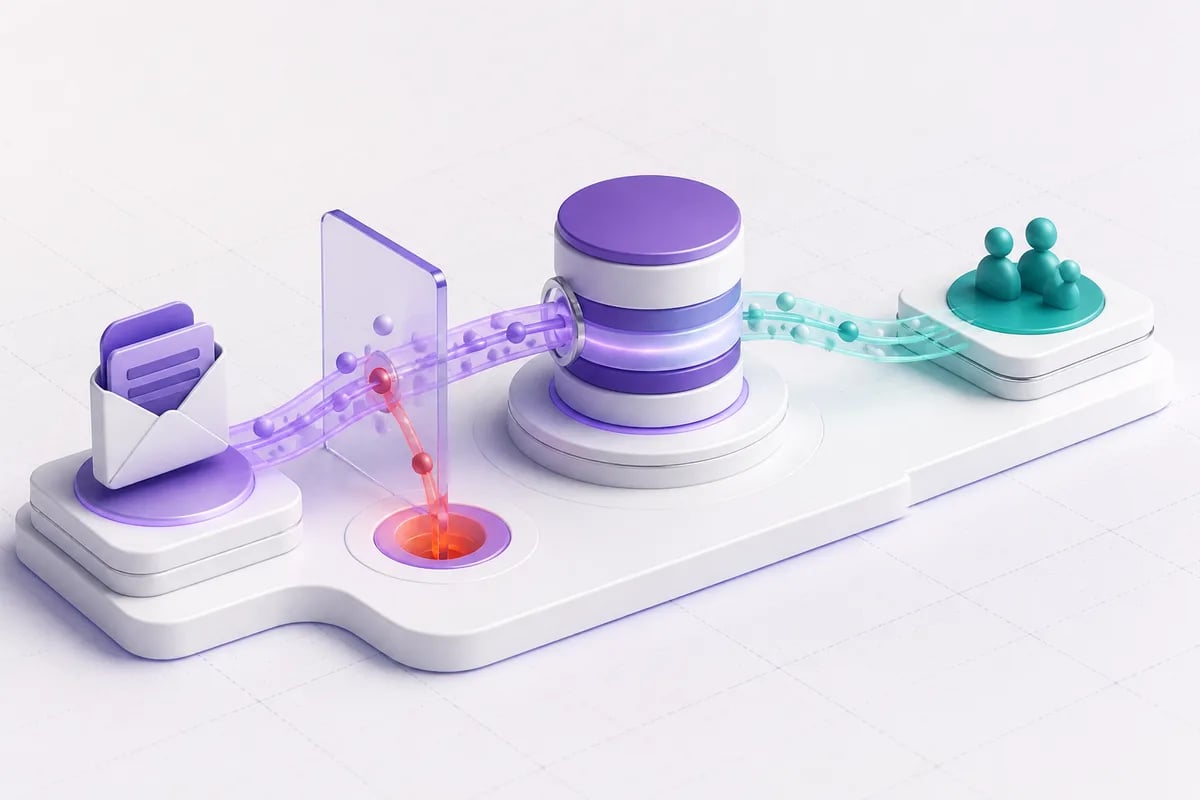 Isometric 3D editorial illustration for Email marketing integrations: data flow, failure handling, and system-of-record implications