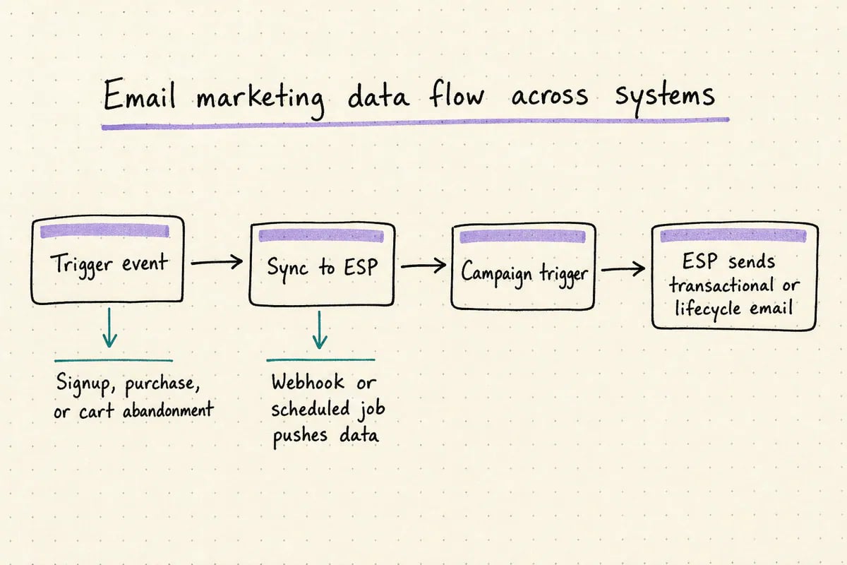 Flow diagram showing data moving between ESP, CRM, and automation tools with failure points marked