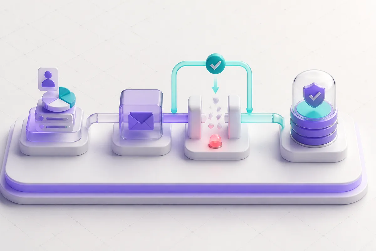 Isometric 3D editorial illustration for Workflow for email marketing: data flow, failure handling, and system-of-record design