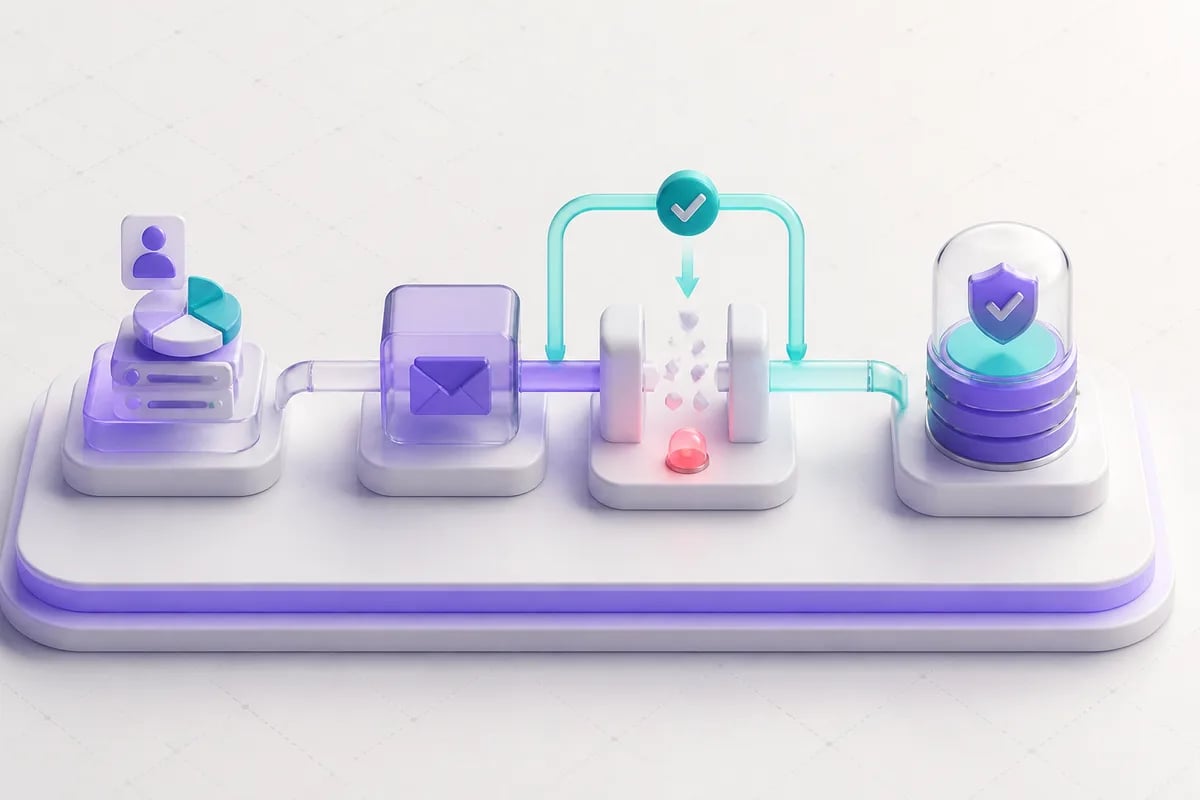 Isometric 3D editorial illustration for Workflow for email marketing: data flow, failure handling, and system-of-record design