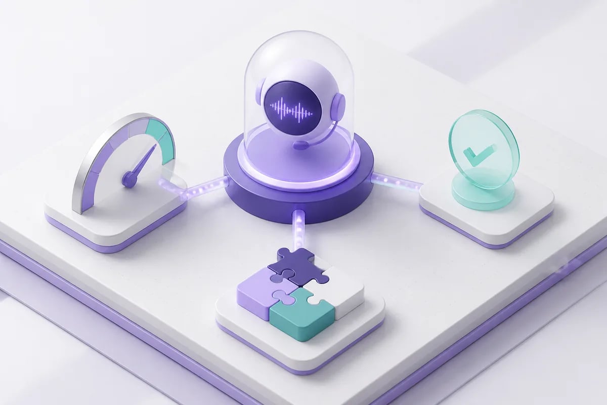Isometric 3D editorial illustration for Best Voice Agent for Production: Evaluating Platforms Against Real-Call Constraints