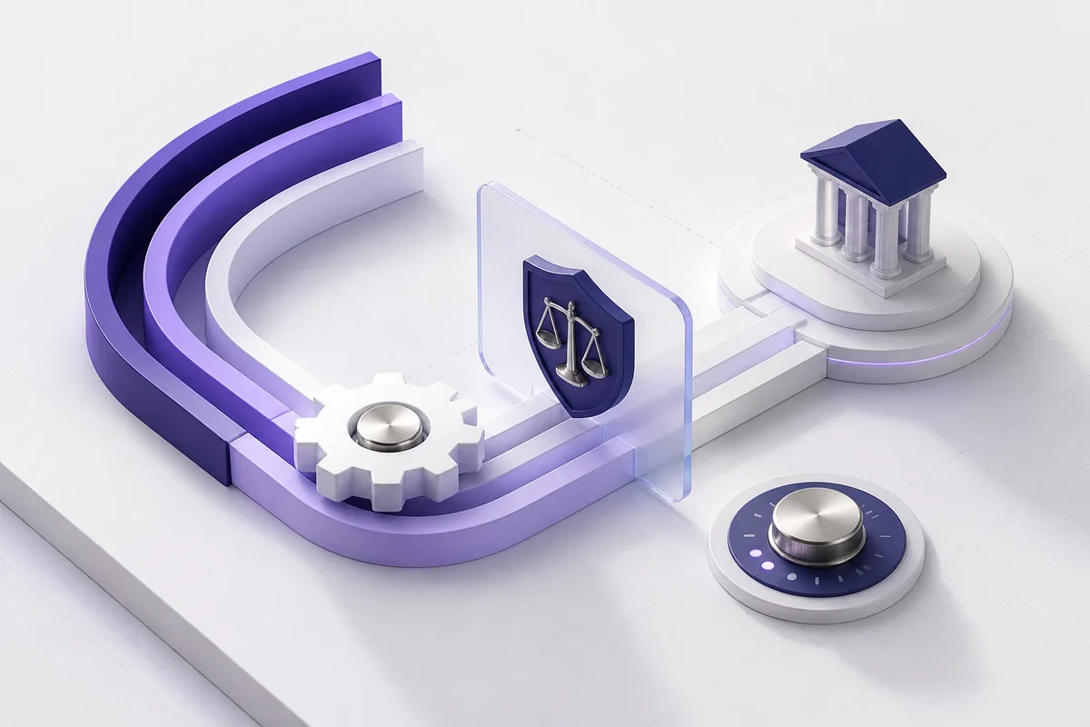 Isometric 3D editorial illustration for Process automation in financial services: workflow constraints, risk, and buying criteria operators should weigh first