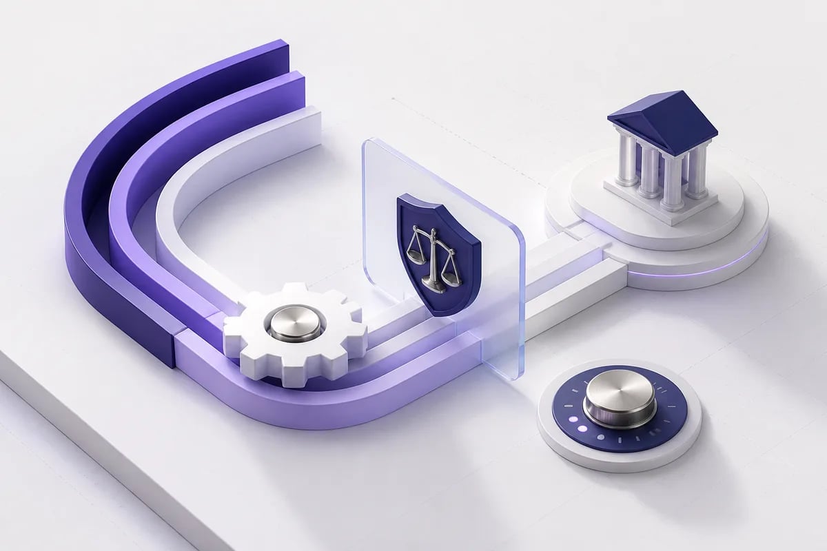 Isometric 3D editorial illustration for Process automation in financial services: workflow constraints, risk, and buying criteria operators should weigh first