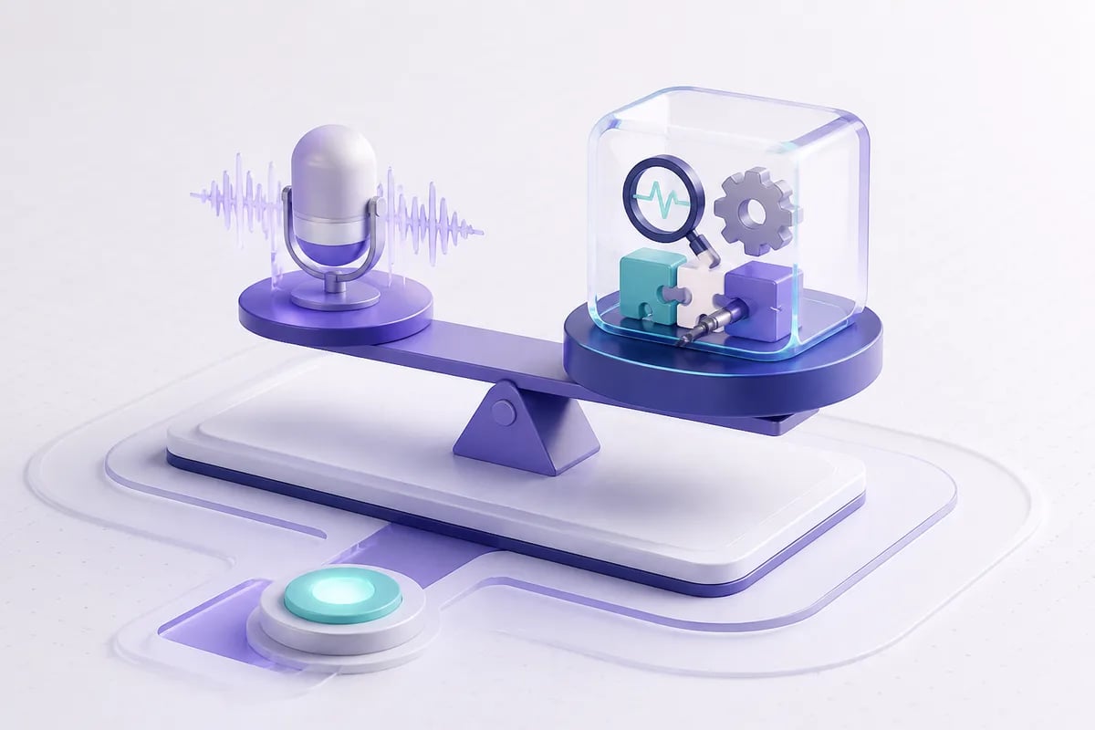 Isometric 3D editorial illustration for Voice acting platforms: choosing a production-ready voice AI system, not just a voice