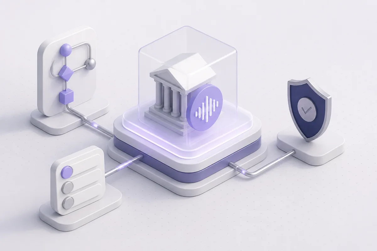Isometric 3D editorial illustration for Automation in banking and financial services: workflow constraints, risk, and buying criteria