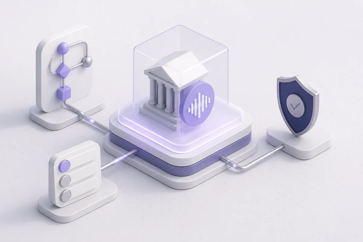 Isometric 3D editorial illustration for Automation in banking and financial services: workflow constraints, risk, and buying criteria