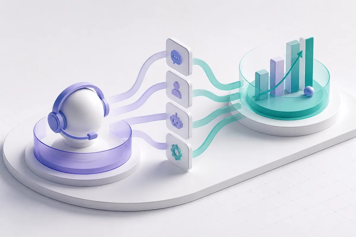 Isometric 3D editorial illustration for Contact center automation use cases: connecting workflows to measurable customer outcomes