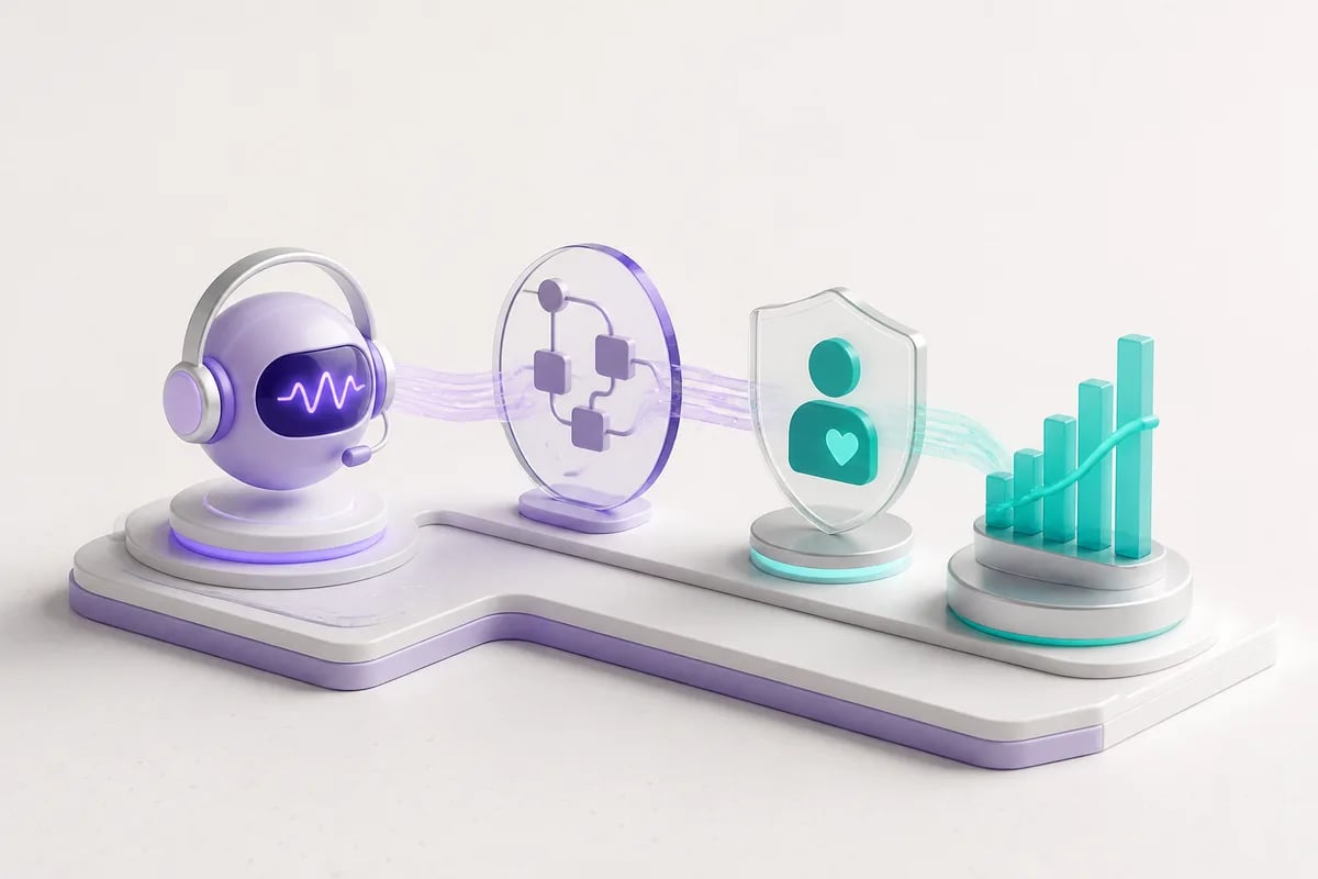 Isometric 3D editorial illustration for Healthcare contact center automation: connecting workflow design to measurable patient outcomes