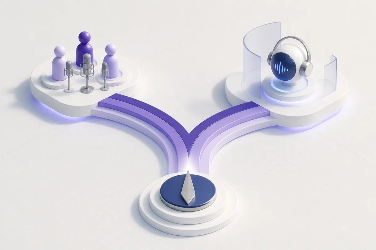 Isometric 3D editorial illustration for Voice over platforms: choosing between talent marketplaces and production voice agent platforms