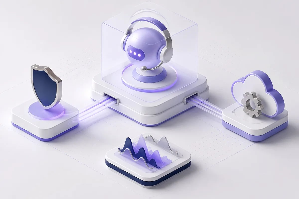Isometric 3D editorial illustration for White label AI voice agent platform: how to evaluate one against real-call constraints
