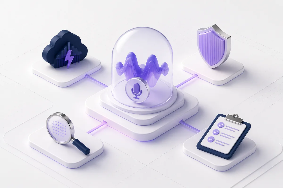 Isometric 3D editorial illustration for Safety Security: Controls, Evidence, and Verification for AI Voice Ops