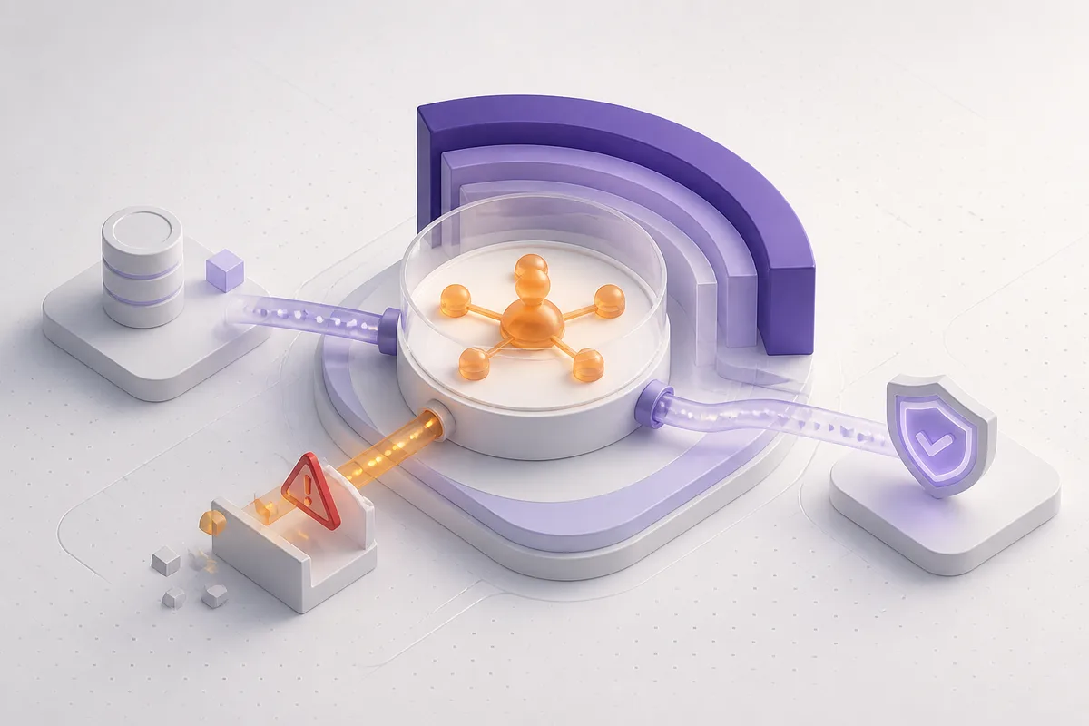 Isometric 3D editorial illustration for HubSpot CRM Integration: Data Flow, Failure Handling, and System-of-Record Implications