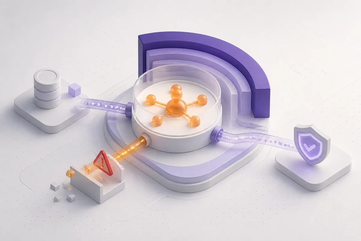 Isometric 3D editorial illustration for HubSpot CRM Integration: Data Flow, Failure Handling, and System-of-Record Implications