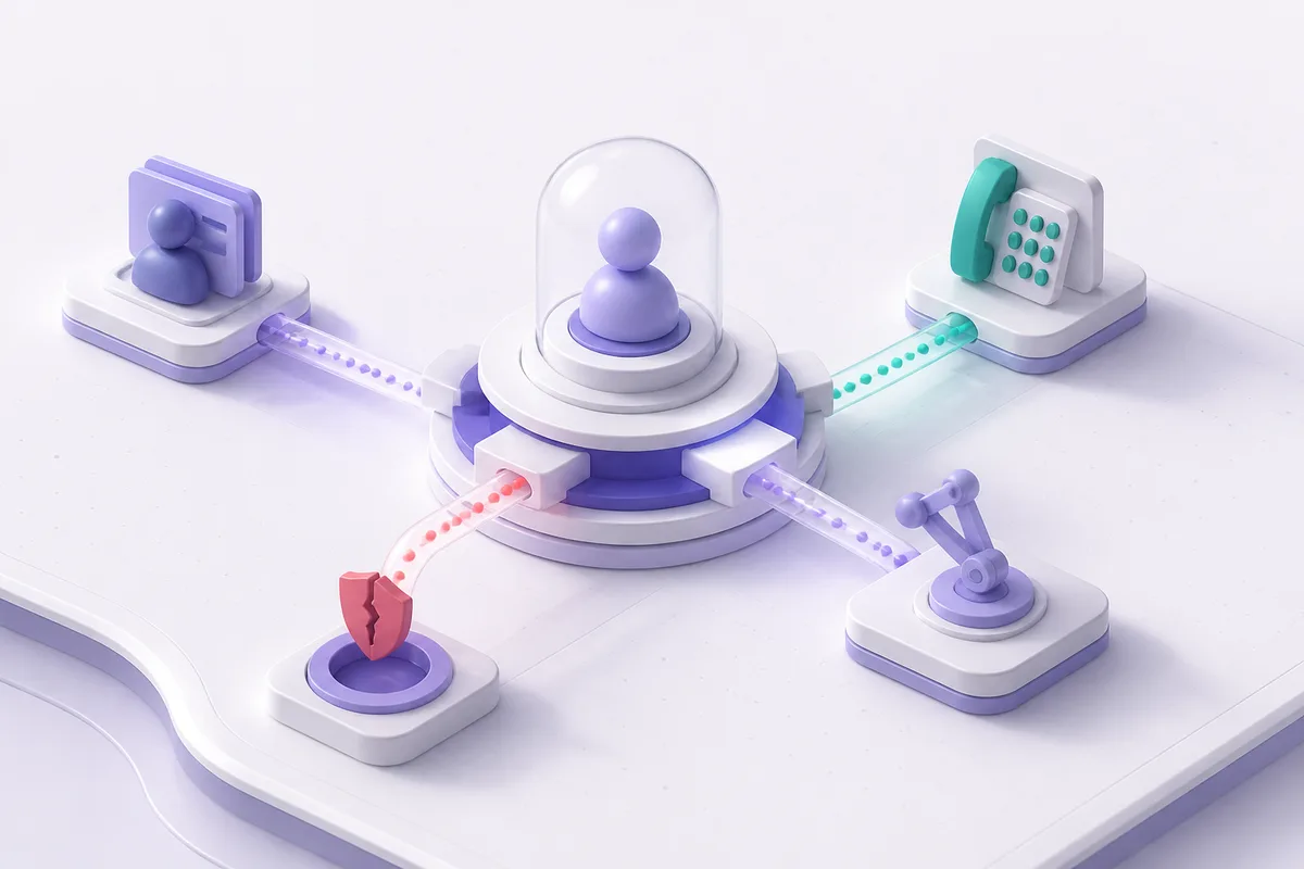 Isometric 3D editorial illustration for Lead record integrations: how data flow, failure handling, and system-of-record rules actually work
