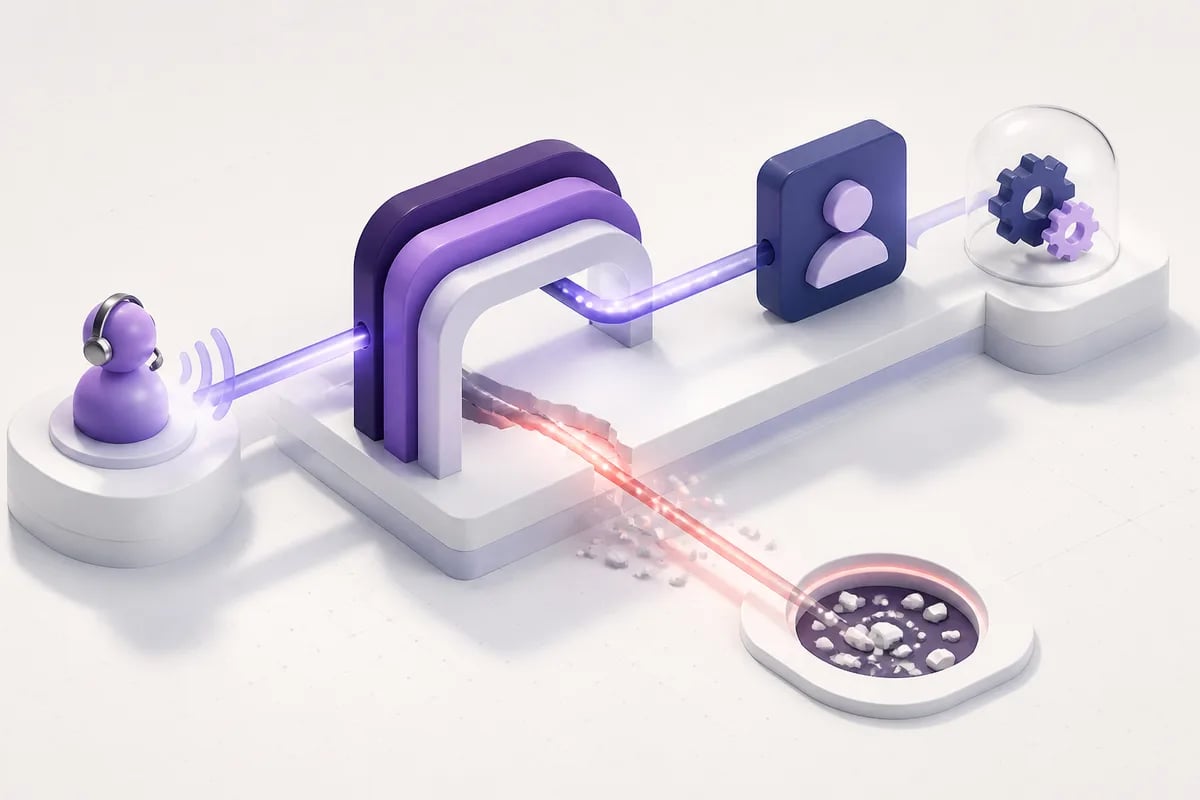 Isometric 3D editorial illustration for Sales integrations: how data flow and failure handling protect your system of record