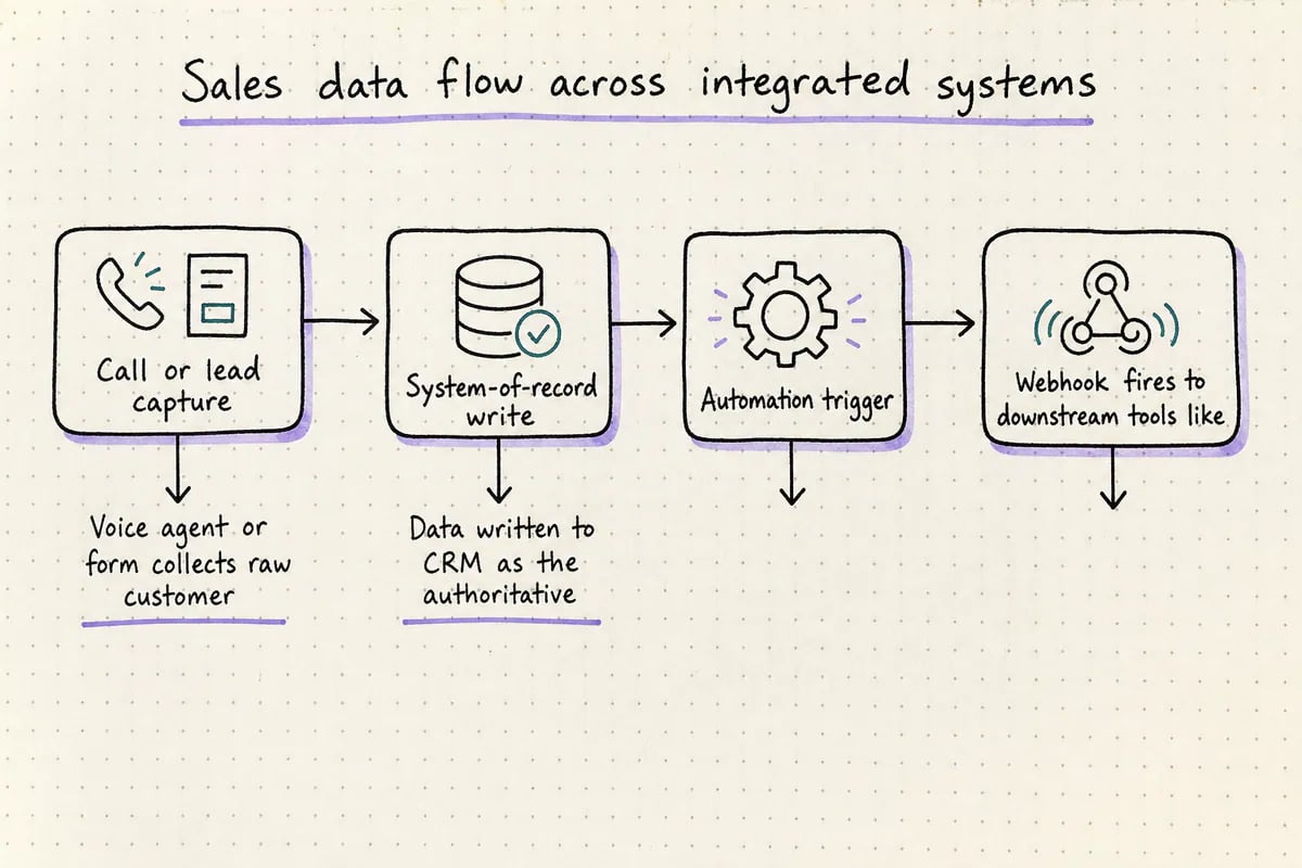 Flow diagram showing data moving from voice agent through CRM to automation tools with failure handling checkpoints