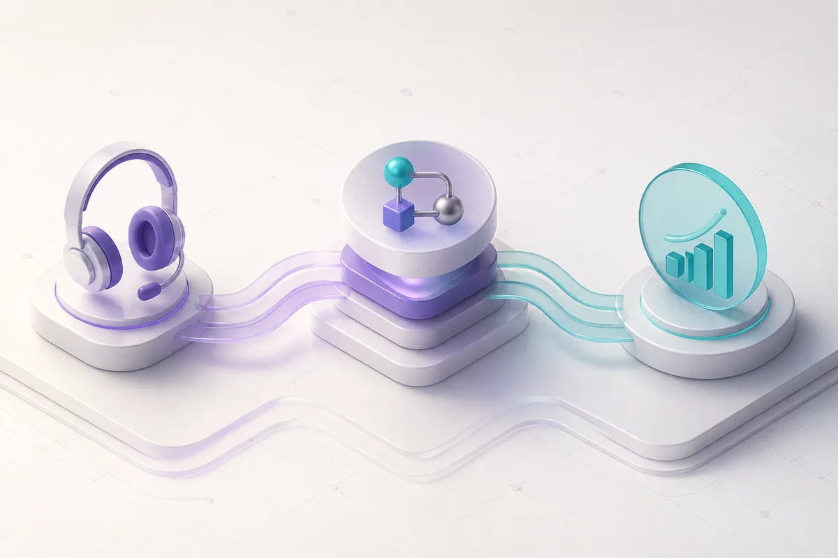 Isometric 3D editorial illustration for Contact center automation tools: connecting workflows to measurable customer outcomes