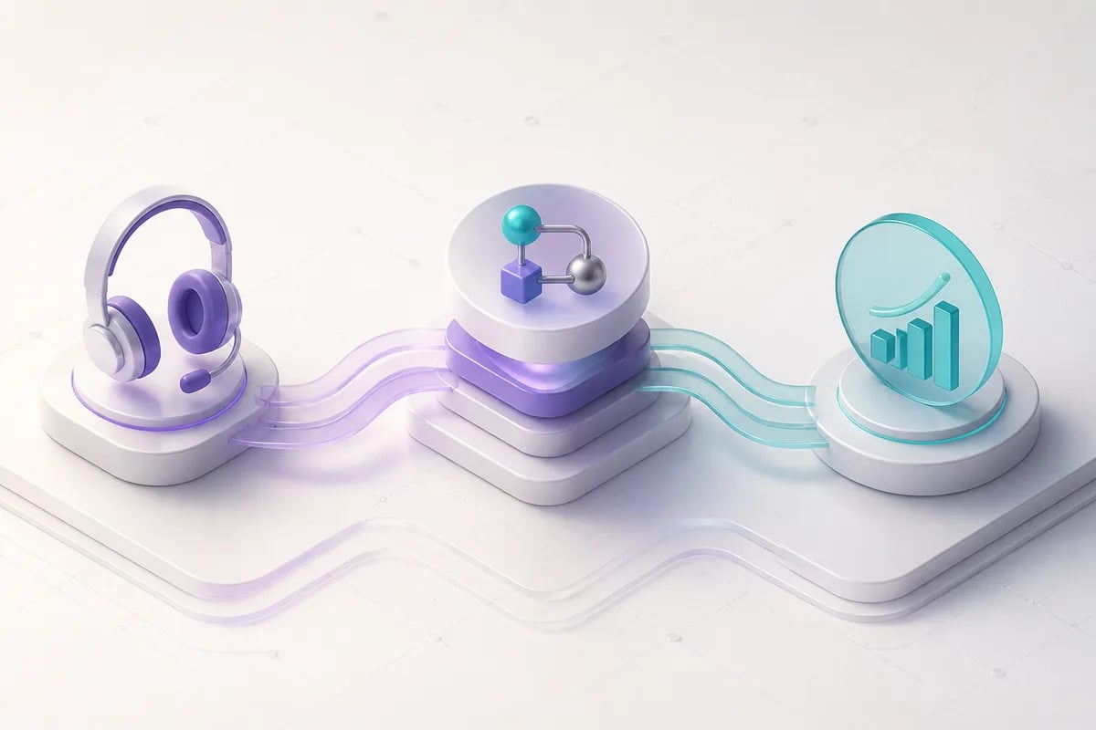 Isometric 3D editorial illustration for Contact center automation tools: connecting workflows to measurable customer outcomes