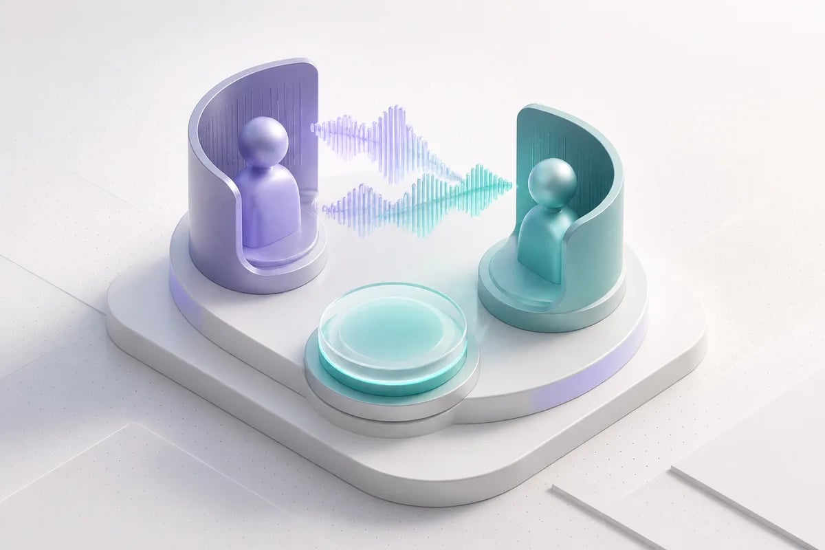 Isometric 3D editorial illustration for A Bland AI Alternative Built for Natural, Low-Latency Calls