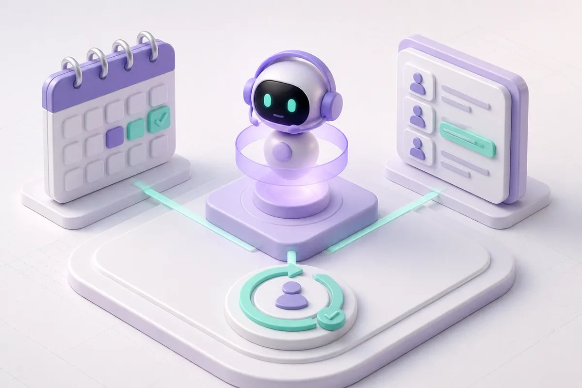 Isometric 3D editorial illustration for AI Appointment Setter: How to Automate Booking
