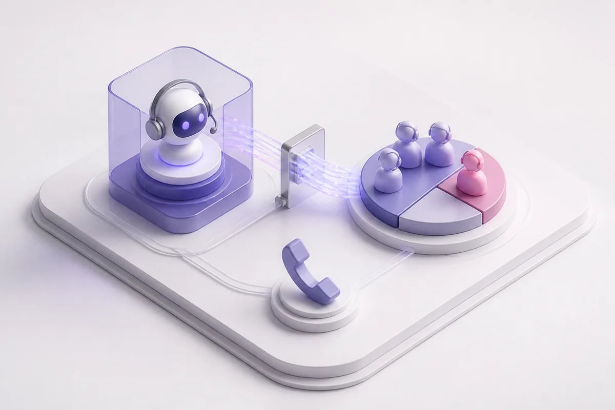 Isometric 3D editorial illustration for AI Call Center Automation: How It Works and Where It Fits