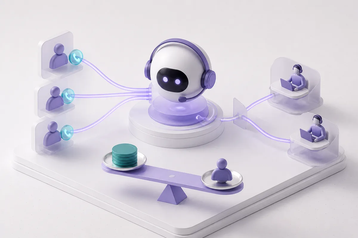 Isometric 3D editorial illustration for AI Call Center: What It Actually Does and What It Costs