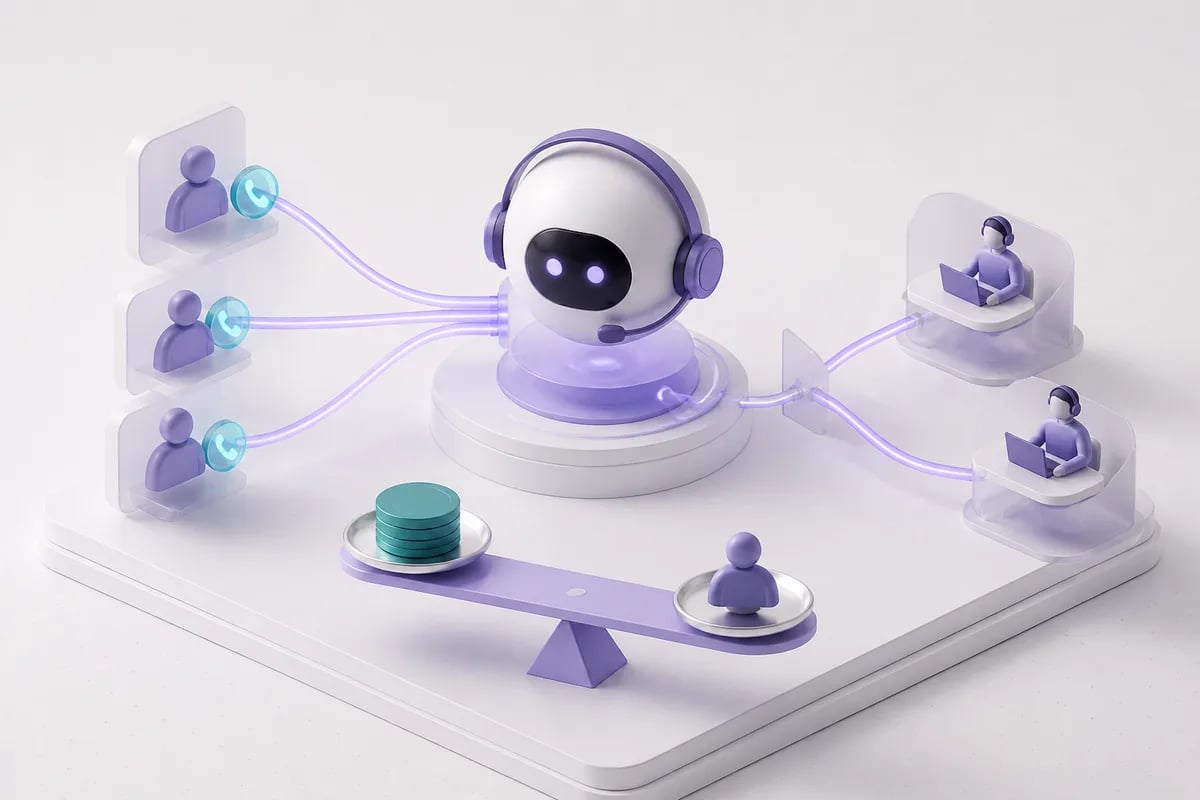 Isometric 3D editorial illustration for AI Call Center: What It Actually Does and What It Costs