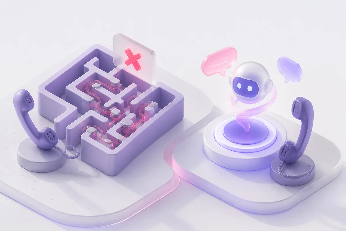 Isometric 3D editorial illustration for Replacing Your IVR With an AI Phone System