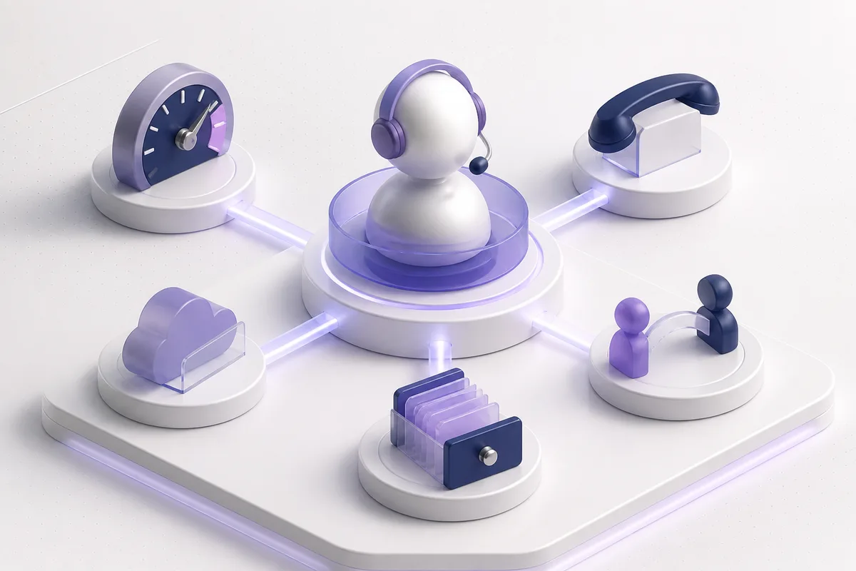 Isometric 3D editorial illustration for AI voice agent companies: choose by real-call constraints