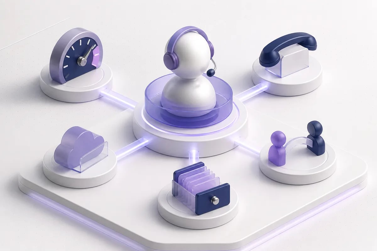 Isometric 3D editorial illustration for AI voice agent companies: choose by real-call constraints