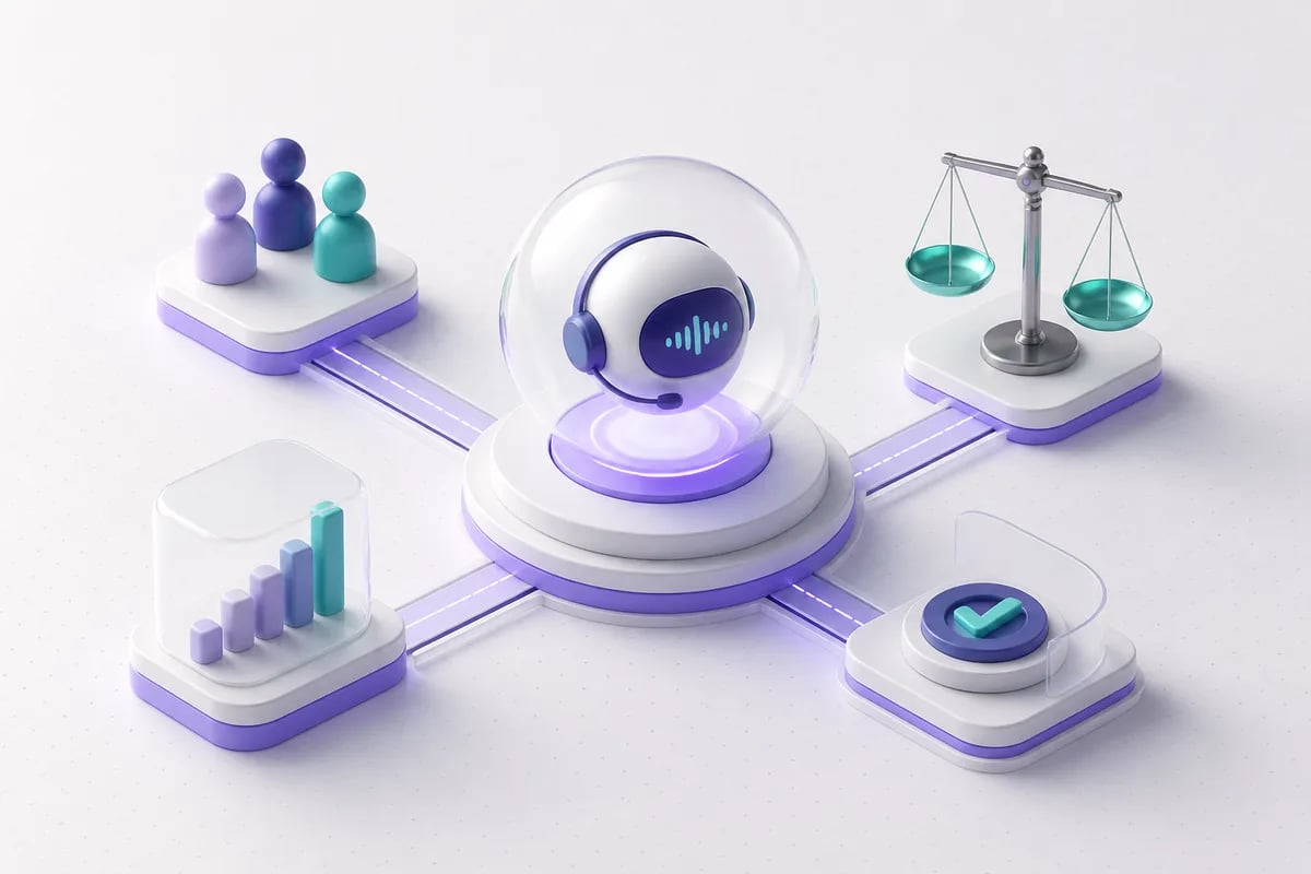 Isometric 3D editorial illustration for AI Voice Agent for Call Centres: A Measurable Decision Framework for Production Rollouts