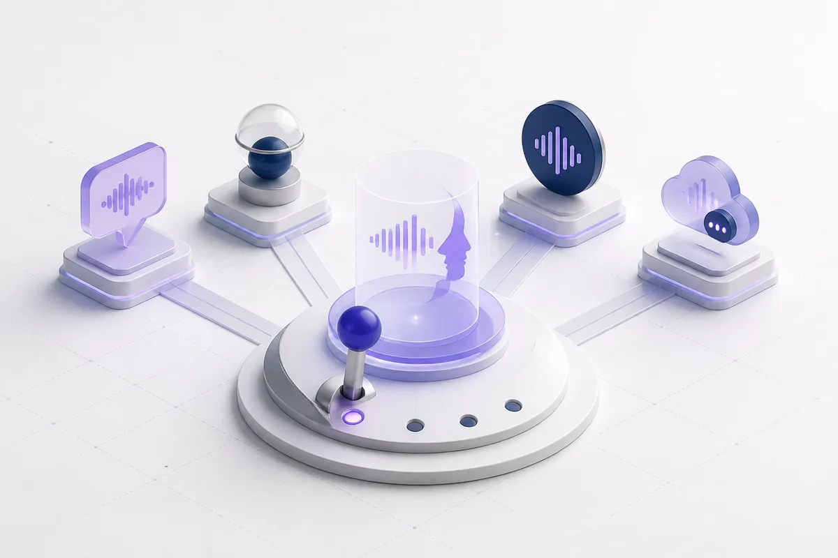 Isometric 3D editorial illustration for AI Voice Agent Platform: How to Choose the Right One in 2026