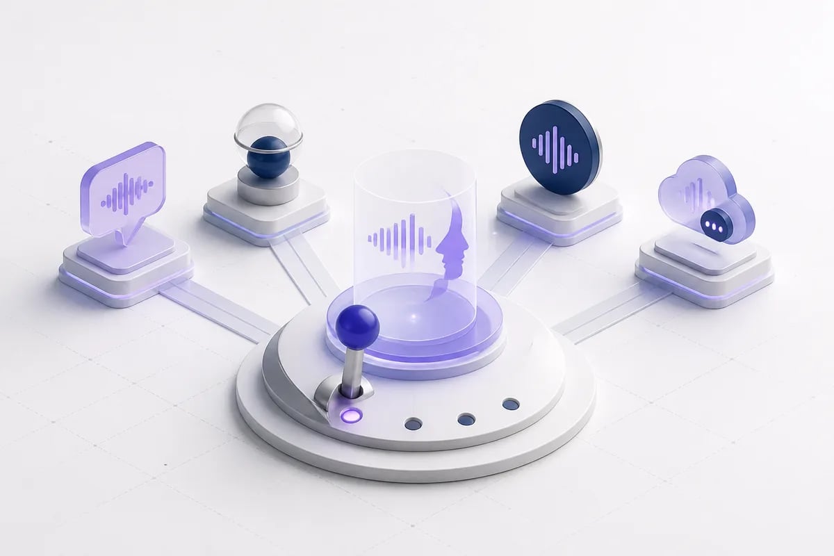 Isometric 3D editorial illustration for AI Voice Agent Platform: How to Choose the Right One in 2026
