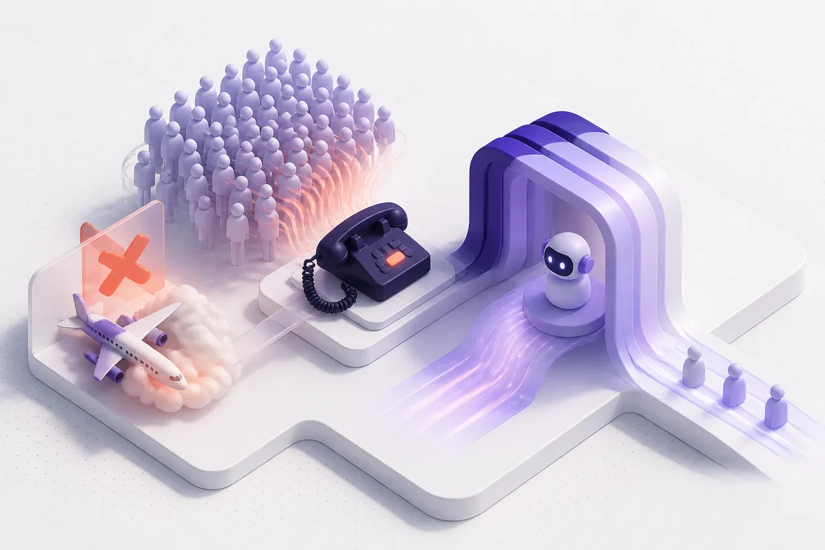 Isometric 3D editorial illustration for When Flights Cancel, Phone Lines Break: How Voice AI Handles Airline Disruption Rebooking