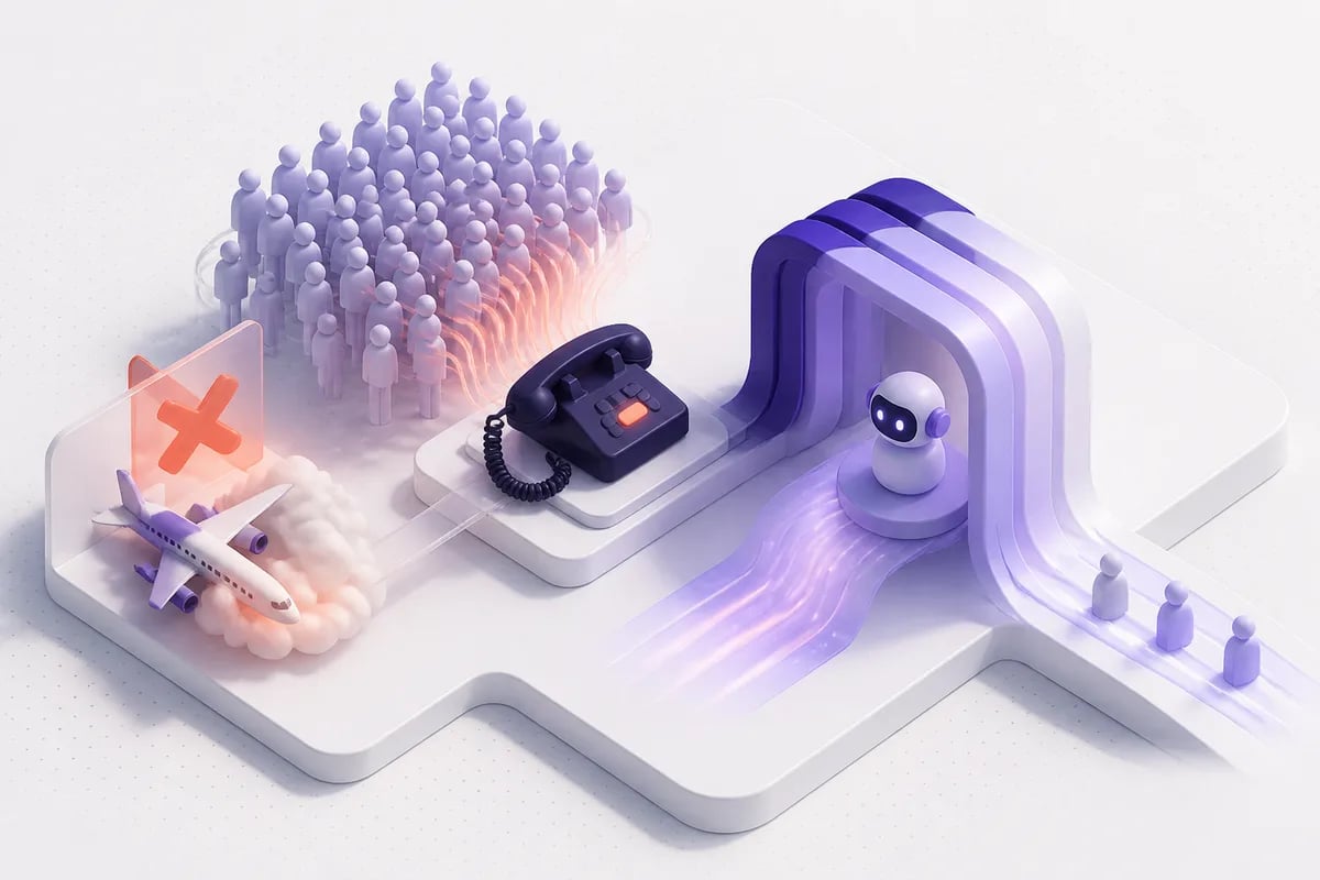 Isometric 3D editorial illustration for When Flights Cancel, Phone Lines Break: How Voice AI Handles Airline Disruption Rebooking