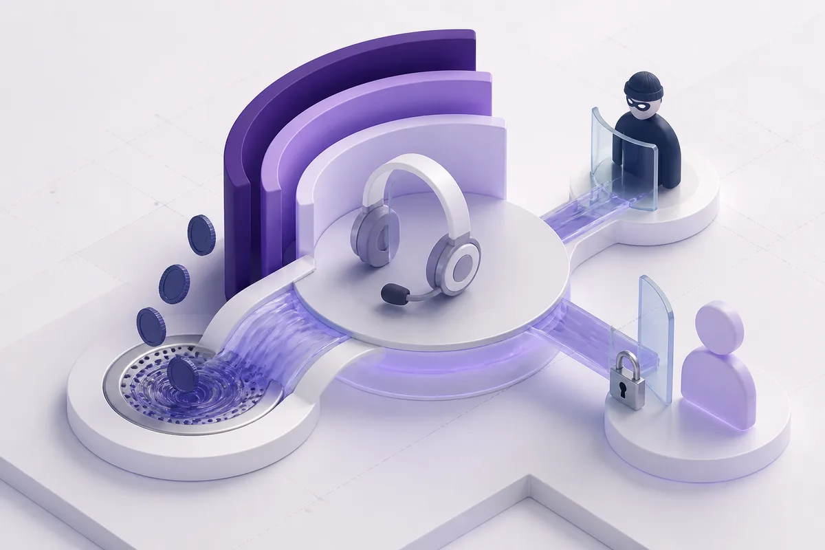 Isometric 3D editorial illustration for Why Credit Union Call Centers Are Drowning in Verification Costs