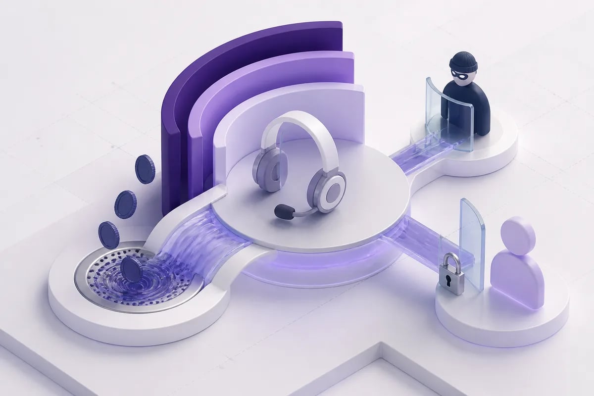 Isometric 3D editorial illustration for Why Credit Union Call Centers Are Drowning in Verification Costs